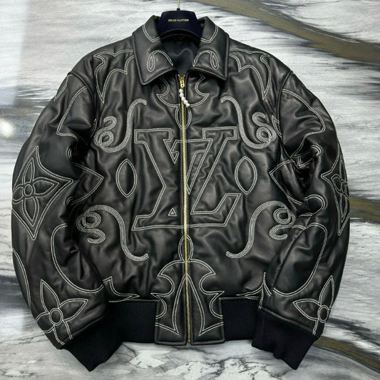 Embroidered Leather Aviator Jacket